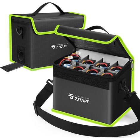 Sac Lipo Sécurisé Ignifuge, Grand Espace de Stockage, Coffre-Fort, Sac de Batterie Réglable (Noir, Vert) (1/5)