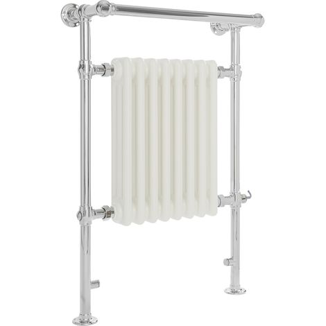 Milano Elizabeth 930mm x 620mm Electric Heated Towel Rail Radiator with Cast Iron Style Insert and Overhanging Rail - Chrome and White (1/5)