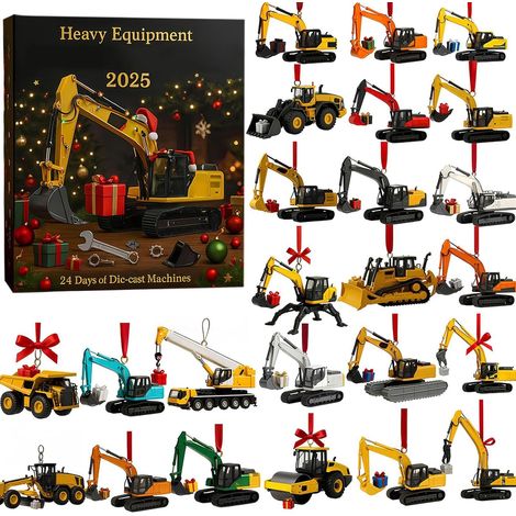 Calendrier de l'Avent engins lourds 2025, 24 ornements tracteur/digger 2D pour sapin (1/4)