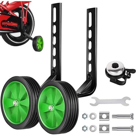 Ruedines de entrenamiento para bicicletas infantiles (juego con ruedas verdes，timbre y llave inglesa)，para bicicletas de 12 a 20 pulgadas (1/4)