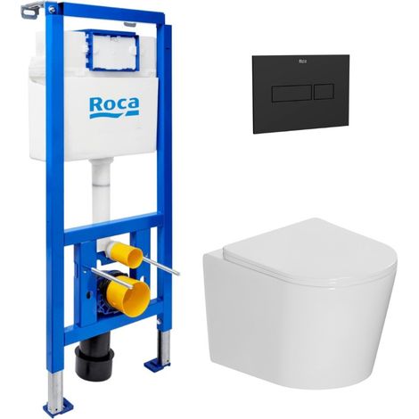 Roca – Pack WC bâti-support – WC suspendu sans bride 53,5 cm – Abattant SoftClose – Plaque de commande noir mat – ROCE14WT06FR
