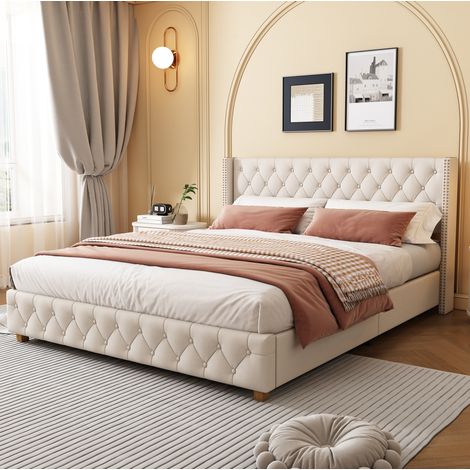 Cama doble tapizada 160x200 con cabecero lino beige OKMYHOME (1/5)