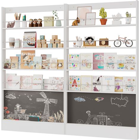 Estantería infantil para libros de 2 piezas con pizarra, 4 niveles, blanca, 200 x 10 x 180 cm (1/5)