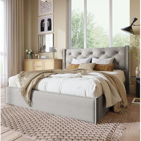 MEUBLIV Lit double rembourré avec rangement 160 x 200 cm sommier à lattes relevable tête de lit capitonnée coton gris clair (1/5)