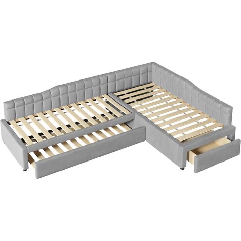Cama esquinera tapizada 90x200 gris con nido y cajones, franela, HOMVRA (1/5)