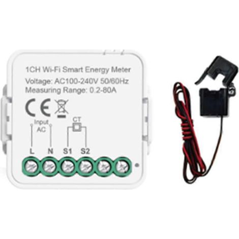 Tuya WLAN-Smart-Energiezähler mit Stromsensor und Statistikfunktion, 80 A, AC 100–240 V, Haushaltsverbrauchsüberwachung, einphasig, Stromzange, 1 Kanal (1/5)