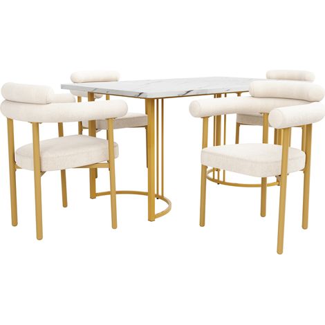 Conjunto de mesa de comedor y 4 sillas de 5 piezas 140 x 80 x 75 cm metal y MDF beige y dorado (1/5)