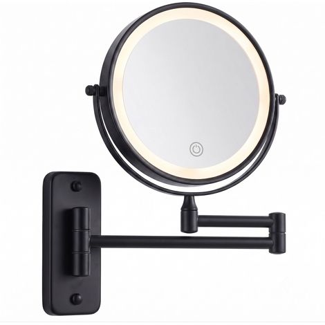 Relaxdays Kosmetikspiegel Wand, mit LED-Beleuchtung, 10-fach, 360° drehbar, Ø 17,5 cm, Metall, Akku mit USB, schwarz (1/5)