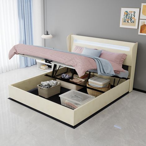 DESVIAE Lit rembourré avec éclairage LED réglable tête de lit ajustable 160 x 200 cm beige tissu et métal style moderne (1/5)