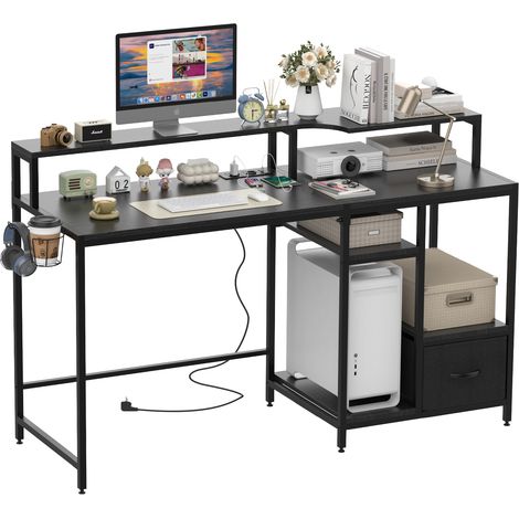 Bureau Informatique Multifonction avec Porte-Gobelet & Support Casque Intégrés - 2 Étagères de Rangement, Panneau de Particules Résistant Noir (141x49x91cm), Design Gain de Place pour Télétravail/Bure (1/5)