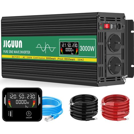 3000W Convertisseur 12V 220V Pur Sinus Onduleur transformateur Puissance crête 6000W avec Télécommande Écran LCD 2 Prises EU 1 Port USB pour Voiture Camping Voyage Urgence (3000W 12V) (1/5)