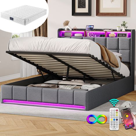 Lit coffre 160x200 cm dispositif de pression d'air Lit double lumière LED et port USB Lit rembourré tissu de lin - Gris Avec matelas (1/5)
