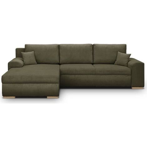 Canapé d'angle convertible 5 places – Tissu velours côtelé 360 g/m² – Coffre de rangement – Grand couchage 140 x 220 cm – Style contemporain vert kaki (1/5)