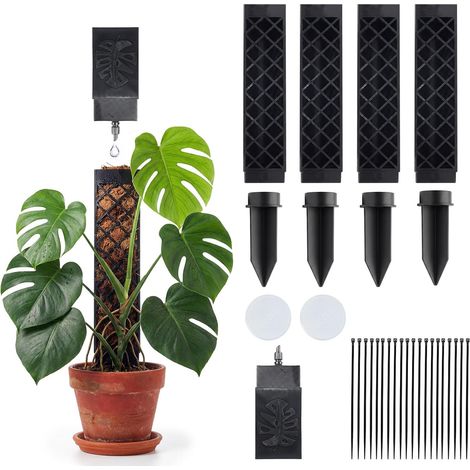 Lot de 4 tuteurs de mousse pour Monstera avec auto-arrosage et attaches de câble, plantes grimpantes d'intérieur et d'extérieur, noir (1/5)