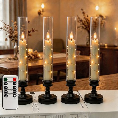 Lot de 4 Bougies LED Électriques avec Télécommande, Minuterie et Lumières Étoilées Intégrées, Effet Vacillant pour Mariage et NoëlNoir (1/5)