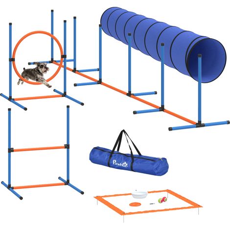 Kit d’agilité pour chien de 8 pièces avec tunnel, slaloms, obstacles à hauteur réglable et sac de transport, parcours d’entraînement extérieur, 350 x 68 x 70 cm, orange (1/5)