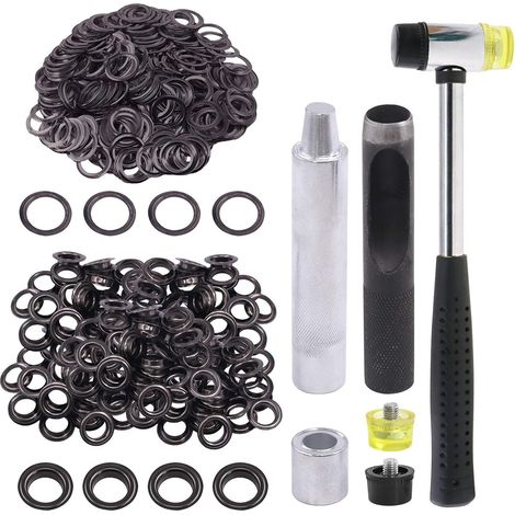 Lot de 124 œillets noirs de 1,27 cm avec ensembles d'outils, 120 œillets avec 4 outils d'installation pour tissu, toile, rideau, vêtements, réparation et décoration du cuir (1/5)