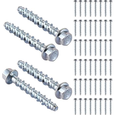 Lot de 50 vis à béton à tête hexagonale M6x50 - Vis à béton sans chevilles - Vis à béton galvanisée avec disque - Pour maçonnerie, béton, architecture, industrie (1/5)