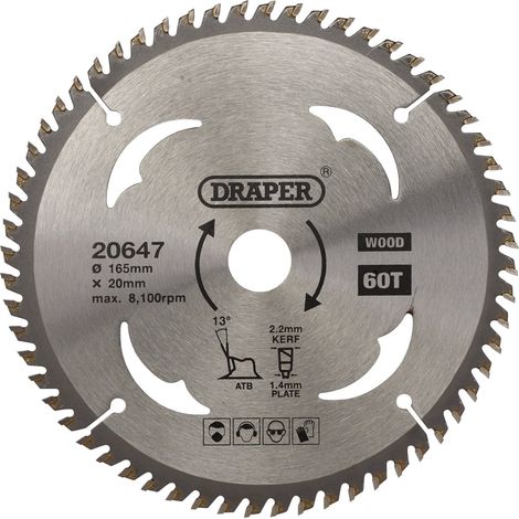 Draper TCT Circular Saw Blade for Wood – 165mm Diameter, 20mm Arbor, 60 Teeth, Model 20647 (1/5)