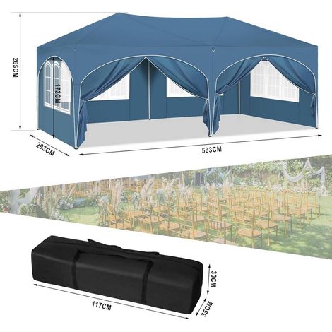 Abri de jardin 3x6m avec 6 parois latérales, tente de fête imperméable bleue, auvent résistant à l'eau pour événements. (1/5)