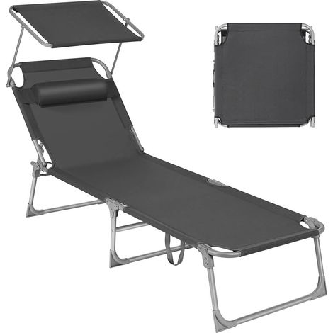 Chaise longue bain de soleil transat de relaxation avec dossiers et parasol inclinables pliable léger 55 x 193 x 31 cm charge 150 kg pour jardin gris (1/5)