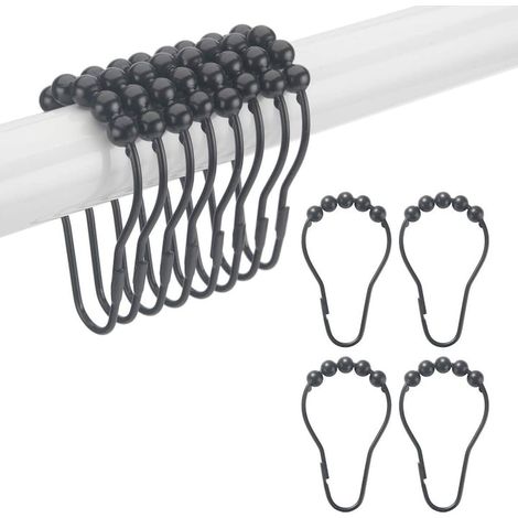 Lot de 12 anneaux de rideau de douche en métal noirs de 30 mm, crochets pour rideau de bain, anneaux de tringle chromés (1/5)