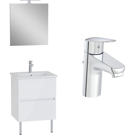 VitrA Pack meuble 60cm blanc brillant 2 tiroirs Mia Plus Square, plan céramique, miroir avec éclairage, mitigeur et vidage (1/5)
