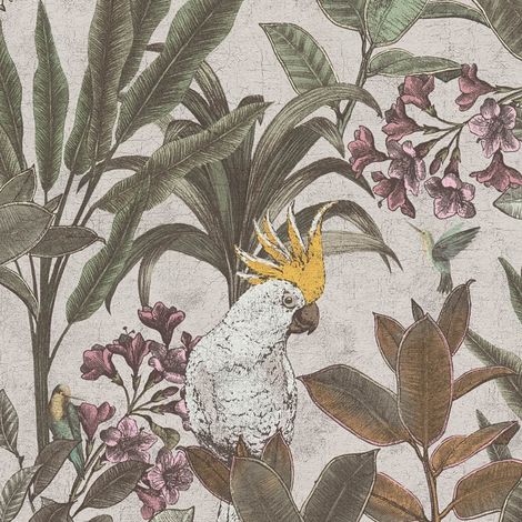 Vogel Tapete Profhome 397484 heißgeprägte Vliestapete leicht strukturiert mit Dschungel-Design matt grün creme-weiß rosa gelb 5,33 m2