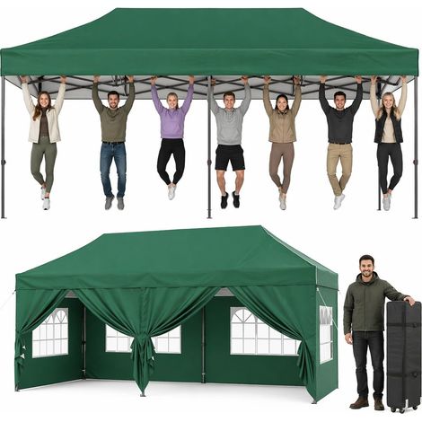 Aoxun Pop Up Gazebo 3m x 6m with Sides, Waterproof Outdoor Canopy with Wheeled Carrybag,4 Weight Bags, 12 Stakes and 6 Ropes, Heavy Duty Instant Shelter for Garden Party BBQ, Green