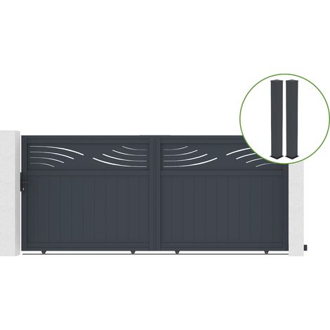 Portail coulissant 3,7m HALTI H.160cm alu gris + 2 poteaux 20x20cm H.190cm (1/5)
