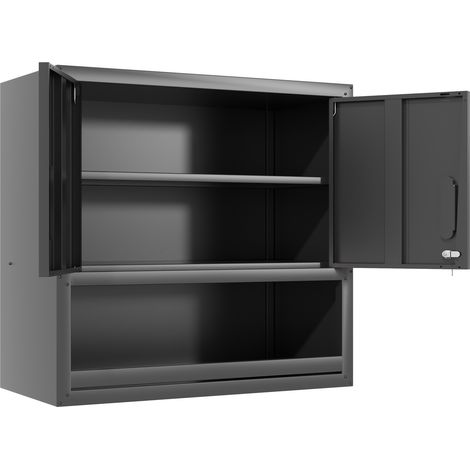 Armoire à outils murale en métal H77 cm avec porte verrouillable, 1 étagère réglable et 1 tiroir ouvert – idéale pour garage, entrepôt, bureau (montage requis) (1/5)
