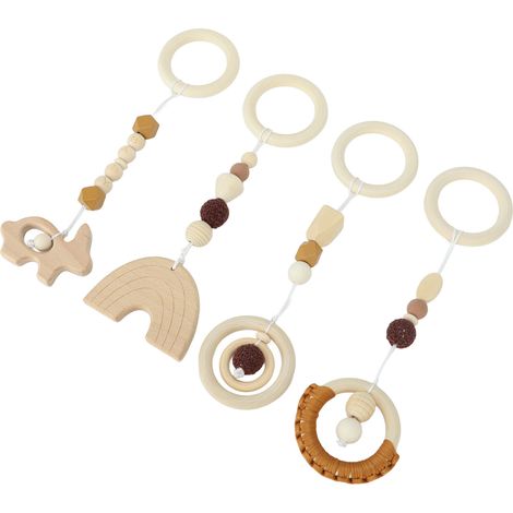 Lot de 4 jouets suspendus pour poussette, tapis d'éveil, jouets en bois à suspendre pour bébés et jeunes enfants, couleur marron (1/5)