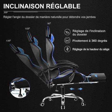 Chaise Gaming Ergonomique, Fauteuil Gamer, Chaise Bureau, Chaise de Gaming avec Dossier réglable à 135°, Hauteur Réglablerepose-Pieds rétractables, Siege, Simili Cuir Bleu