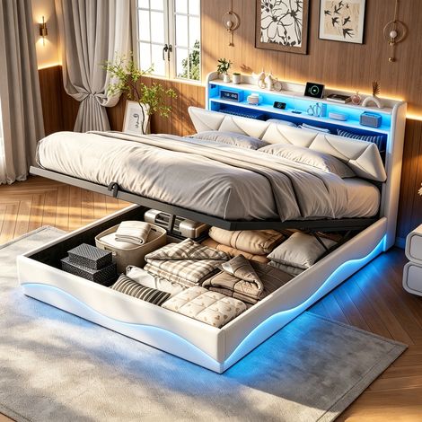 JOOKGBD-Polsterbett Doppelbett 140x200 cm, Bett mit LED und USB, Jugendbett mit Hydraulischem Stauraum, Lattenrost, Samt, Beige