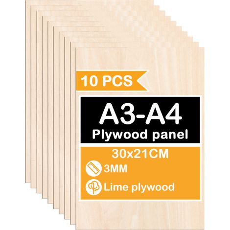 SWANEW 10 pezzi Foglio di legno  420 x 300 x 3 mm  Grezzi sottili di compensato  Foglio perfetto per seghetto, pirografia, taglio laser, traforo, router CNC A3/A4 (1/5)