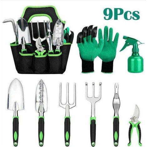 Ensemble d'outils de jardin Cadeaux de jardinage - Outillage de jardin en aluminium 9 pièces avec poignée en caoutchouc imprimé floral et sac de rangement, fournitures de jardinage pour femmes hommes (1/4)