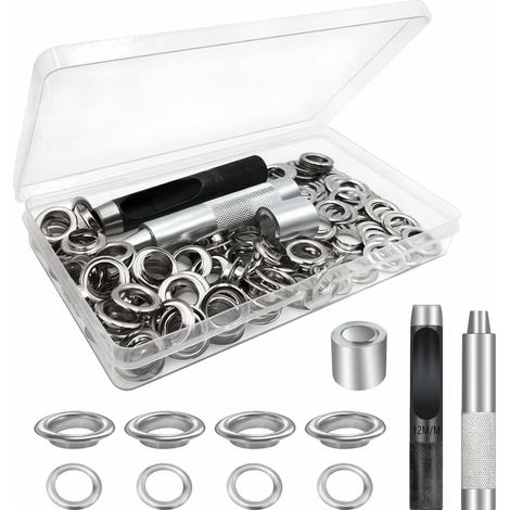 Ösenwerkzeug-Set, 100-teiliges Ösenset, Planenösen, Ösen-Set, für Planen, Zeltreparatur, Silber, 12 mm (Innendurchmesser)