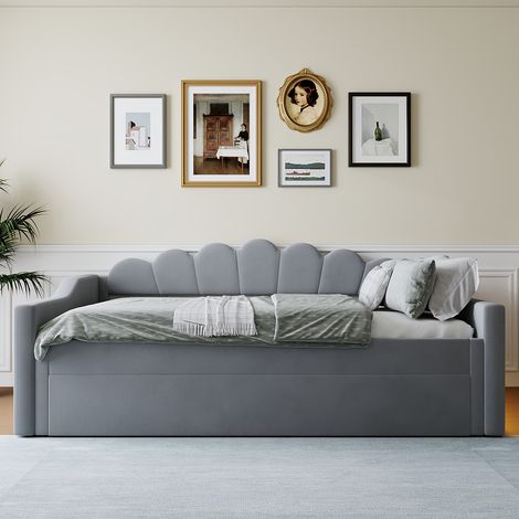 Canapé-lit rembourré 140 x 200 cm avec bande lumineuse LED et lit gigogne, gris (1/5)