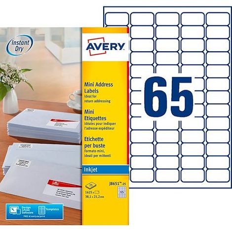 Etiquettes adresses jet d'encre 38,1 x 21,2 mm Avery J8651-40 - Boîte de 1625 (1/5)