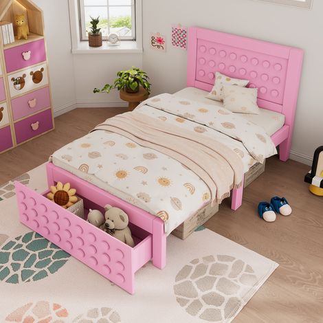 Lit simple 90 x 200 cm en bois massif rose avec tiroirs et espace de rangement sous le lit, sans matelas (1/5)