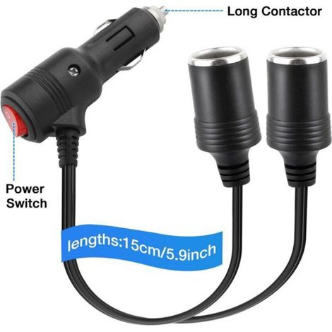 Rallonge allume cigare 1 à 2 prises avec interrupteur, câble Y 18AWG fusible 15A 12V/24V pour voiture bateau moto (1/4)
