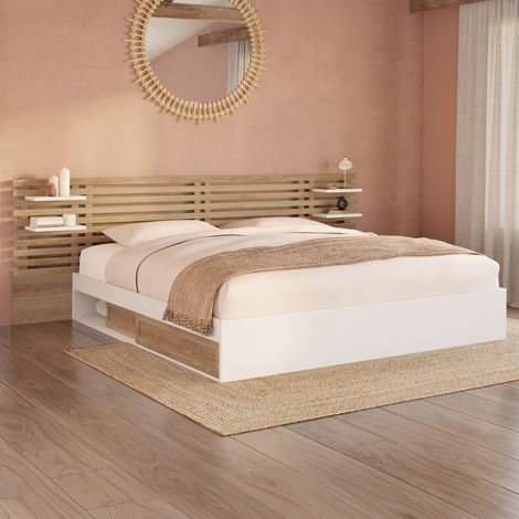 Cama doble SAVANA con cabecero, mesillas de noche, espacio de almacenamiento y somier de haya y blanco de 180 x 200 cm (1/5)