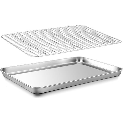 Plaque de cuisson avec grille de refroidissement, en acier inoxydable, grand moule à gâteau et grille de refroidissement pour pâtisserie, rôti, servir, 40,5 x 30,5 x 2,5 cm (1/5)
