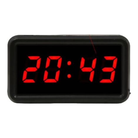 Small LED wall-mounted digital alarm clock with red light, ideal for bedside use and travel.