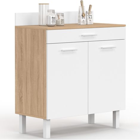 CINA cómoda de cocina baja de 80 cm con encimera de H.83 cm, 2 puertas + cajón, acabado en haya y blanco