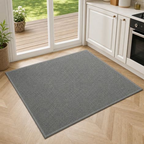 Tapis de cuisine carré en lin tressé, couleur grise, anti-dérapant, 100 x 100 cm (1/4)