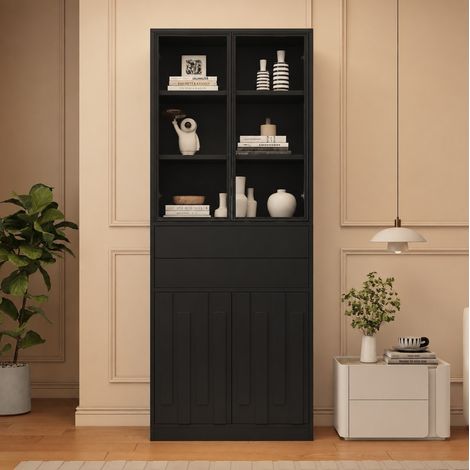 Schwarze LED-Vitrine 70 x 34 x 180 cm mit 2 Schubladen und Türen aus gehärtetem Glas, OKWISH (1/5)