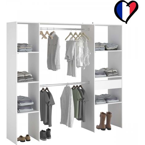 Armadio a vista bianco 6 ripiani, 1 cassetto, 2 barre appendiabiti ELYSEE