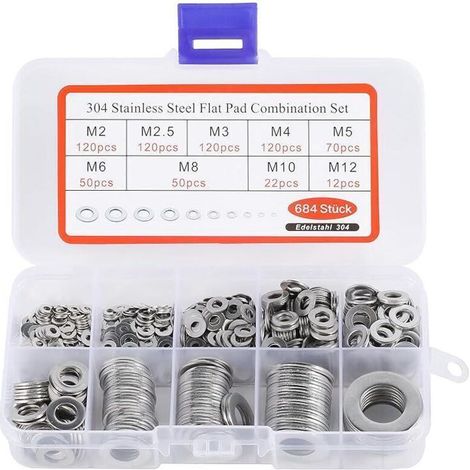 BASVII 684 Pièces Inox Rondelles Plates Metal, pour Gonds de Porte, 9 Tailles Rondelles Acier Inoxydabl 304 - M2 M2.5 M3 M4 M5 M6 M8 M10 M12 Rondelle Carrossier Inox