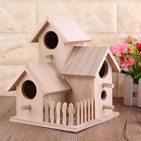 Maisonnette pour Oiseaux en Bois avec Clôture, Nichoir Décoratif à Suspendre, Modèle A (20.5x15.5x15.5cm) (1/5)